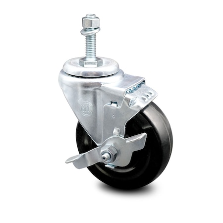 Service Caster 4 Inch Hard Rubber Wheel Swivel 3/8 Inch Threaded Stem Caster with Brake SCC SCC-TS20S414-HRS-TLB-381615